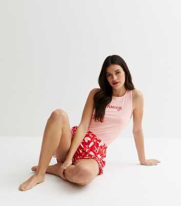 Pink Amour Frill Soft Touch Vest and Short Pyjama Set with Heart Logo