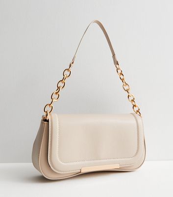 Cream Leather-Look Chain Shoulder Bag