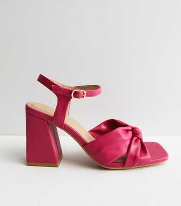 Bright Pink Leather-Look 2 Part Knot Block Heel Sandals