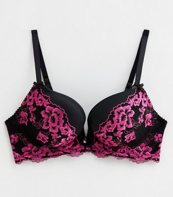 Pink Floral Embroidered Diamante Push Up Bra New Look
