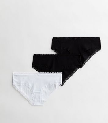 3 Pack Black and White Ribbed Cotton Lace Trim Short Briefs New Look