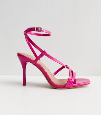 Bright Pink Patent Strappy Platform Block Heel Sandals | New Look