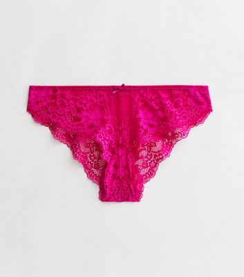Bright Pink Floral Lace Brazilian Briefs New Look