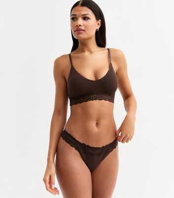 Brown Ribbed Seamless Lace Trim Thong