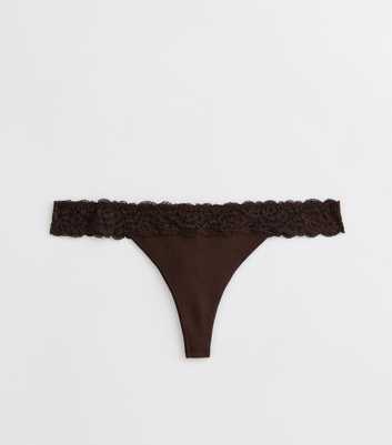 Brown Ribbed Seamless Lace Trim Thong