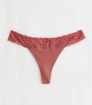 Rust Ribbed Seamless Lace Trim Thong New Look