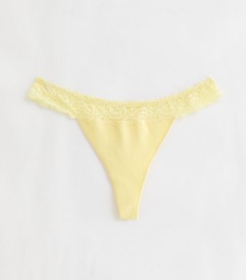 Pale Yellow Ribbed Seamless Lace Trim Thong New Look