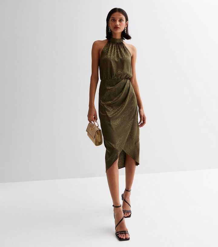 Khaki Satin Jacquard Halter Midi Dress | New Look