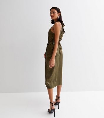 Khaki Satin Jacquard Halter Midi Dress New Look