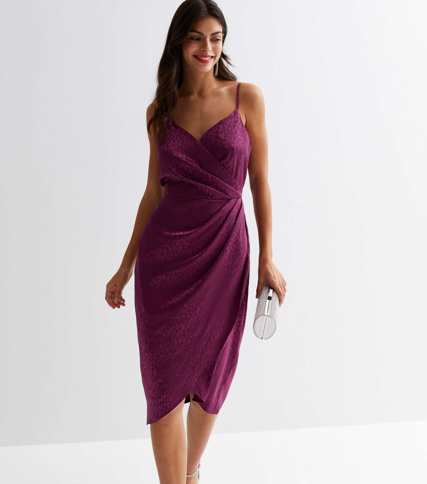 Dark Purple Satin Jacquard Strappy Midi Wrap Dress Image 3