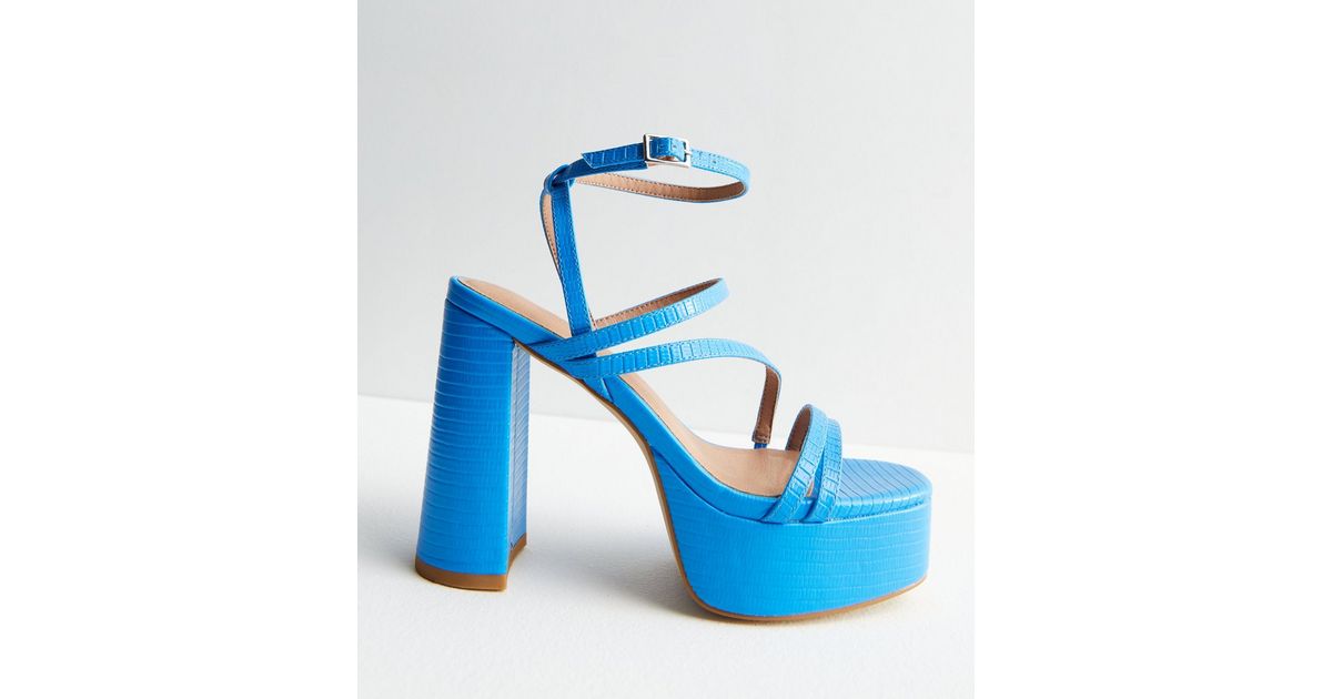 Bright Blue Faux Croc Strappy Platform Block Heel Sandals New Look