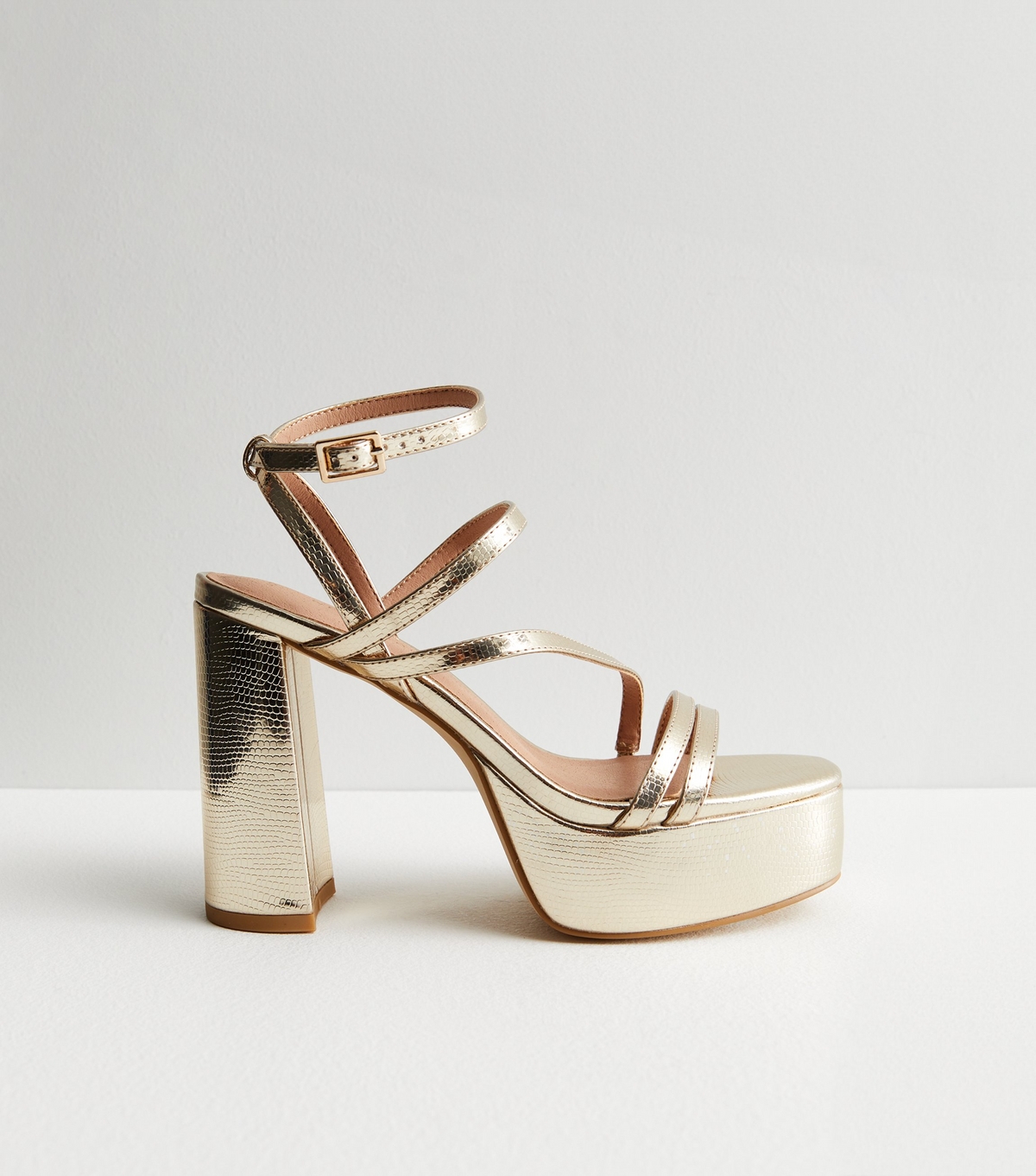 Women's Gold Faux Croc Strappy Platform Block Heel Sandals Vegan New Look