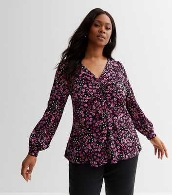 Curves Black Ditsy Floral Ruched Front Puff Sleeve Top