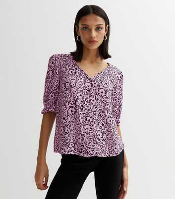 Lilac Floral Doodle Print Puff Sleeve Blouse