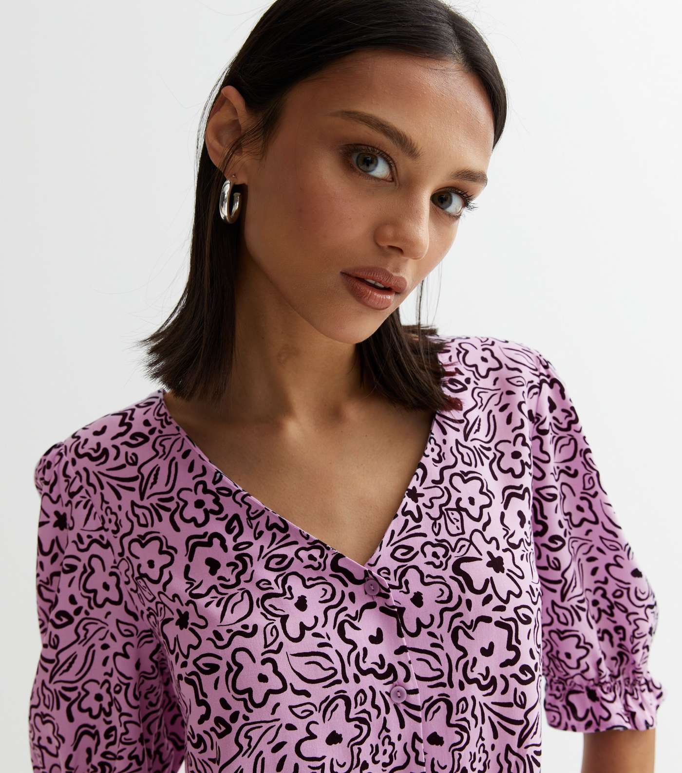 Lilac Floral Doodle Print Puff Sleeve Blouse Image 3