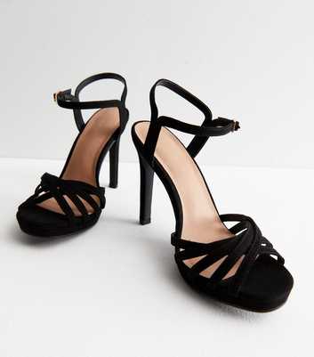 Black Suedette 2 Part Strappy Platform Stiletto Heel Sandals