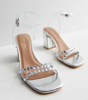 Silver Metallic Diamanté Embellished Clear Strappy Block Heel Sandals