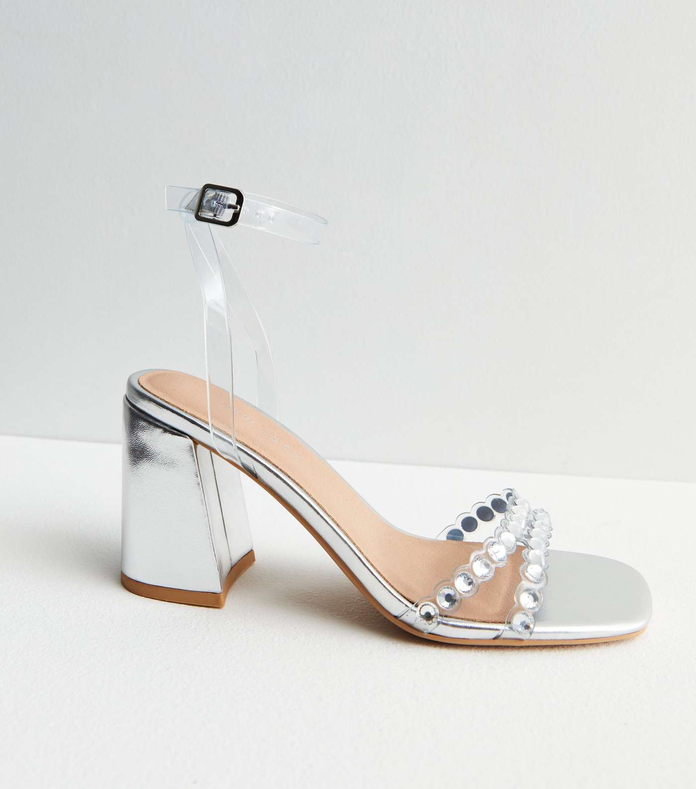 Silver Diamanté Embellished Mid Block Heel Sandals Image 3