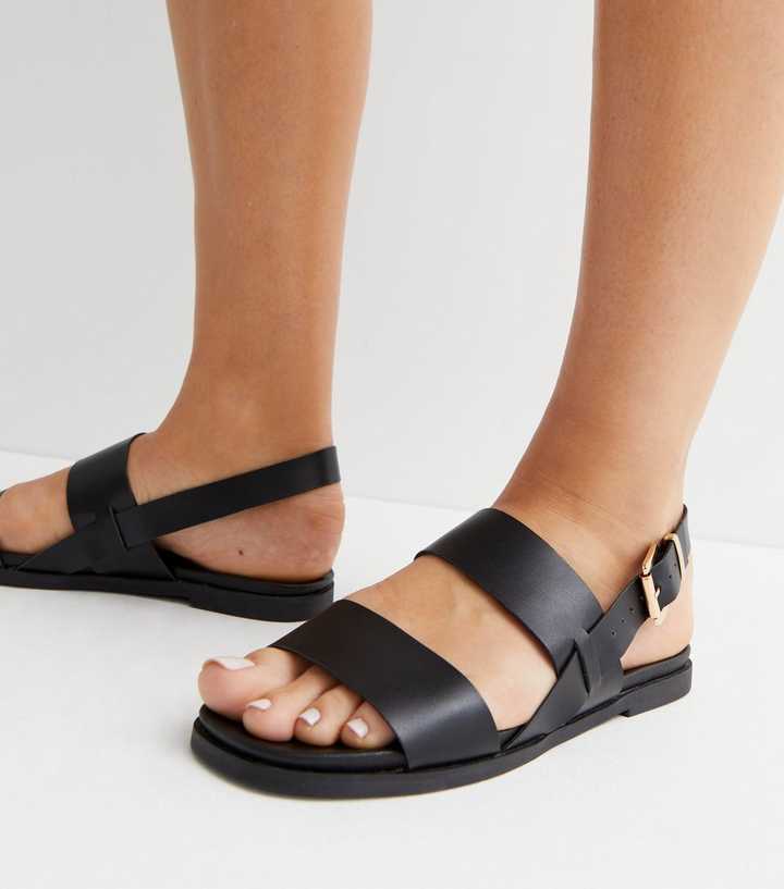 Extra Wide Fit Black Leather-Look Footbed Sandals