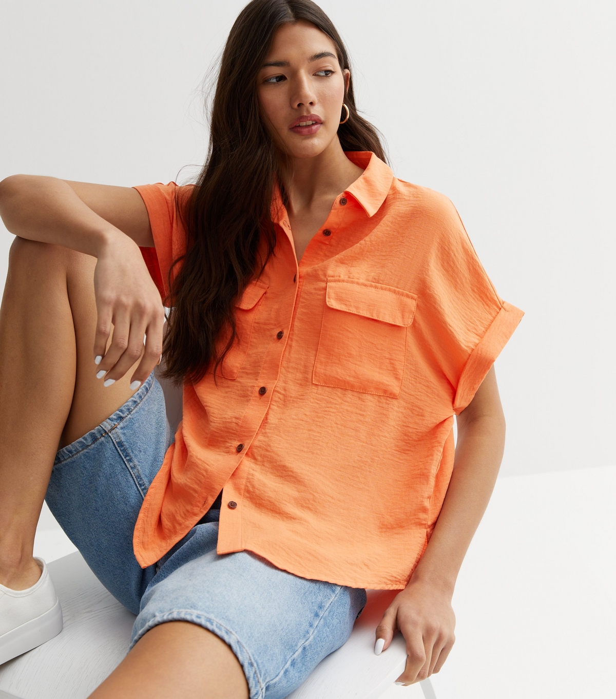 Women's Bright Orange Short Sleeve Pocket Front Shirt New Look