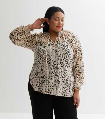Curves Off White Leopard Print Chiffon Tie Neck Blouse