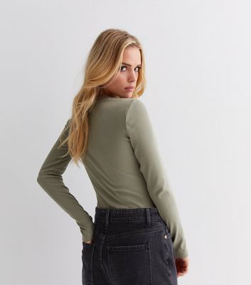 Long Sleeve Crew Neck Button Down Bodysuit - Khaki