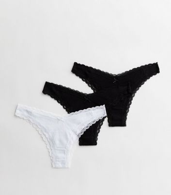 3 Pack Black and White Ribbed Cotton V Front Lace Trim Thongs New Look