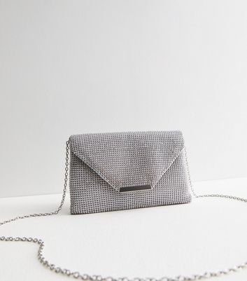 Silver Diamante Chain Clutch Bag New Look