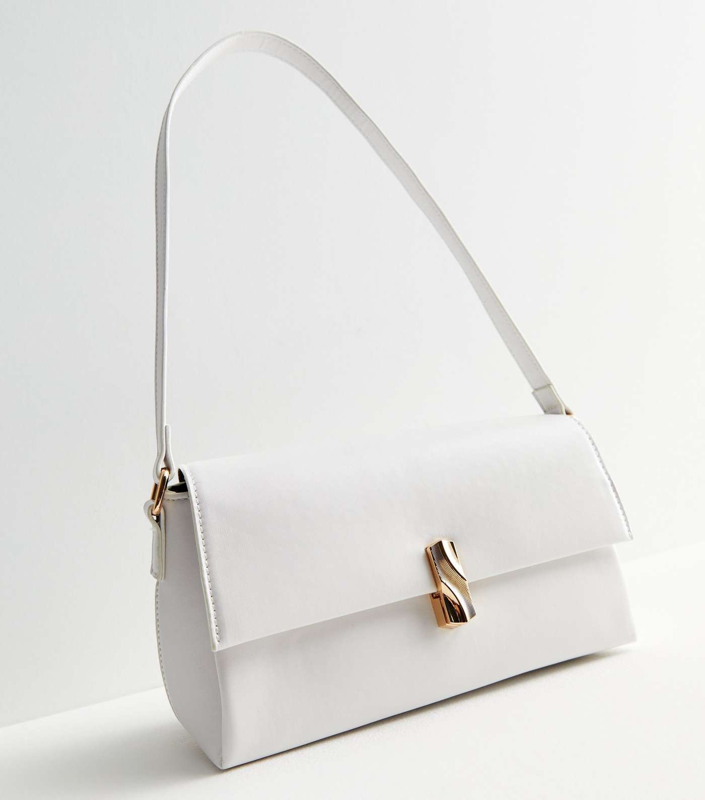 White Leather-Look Twist Lock Shoulder Bag Image 3