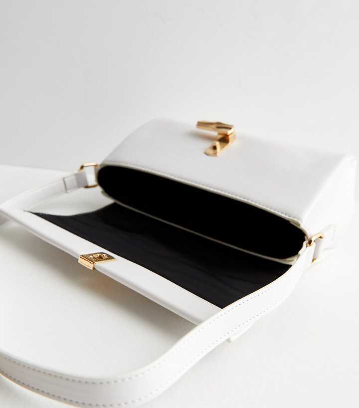 White Leather-Look Twist Lock Shoulder Bag