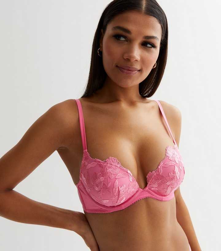 Bright Pink Floral Embroidered Push Up Bra