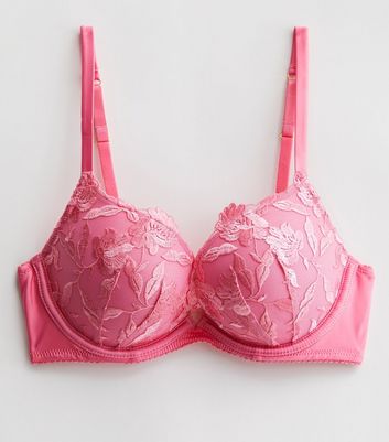 Bright Pink Floral Embroidered Push Up Bra New Look