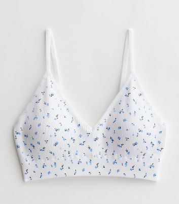 White Ditsy Floral Ribbed Seamless Bralette New Look