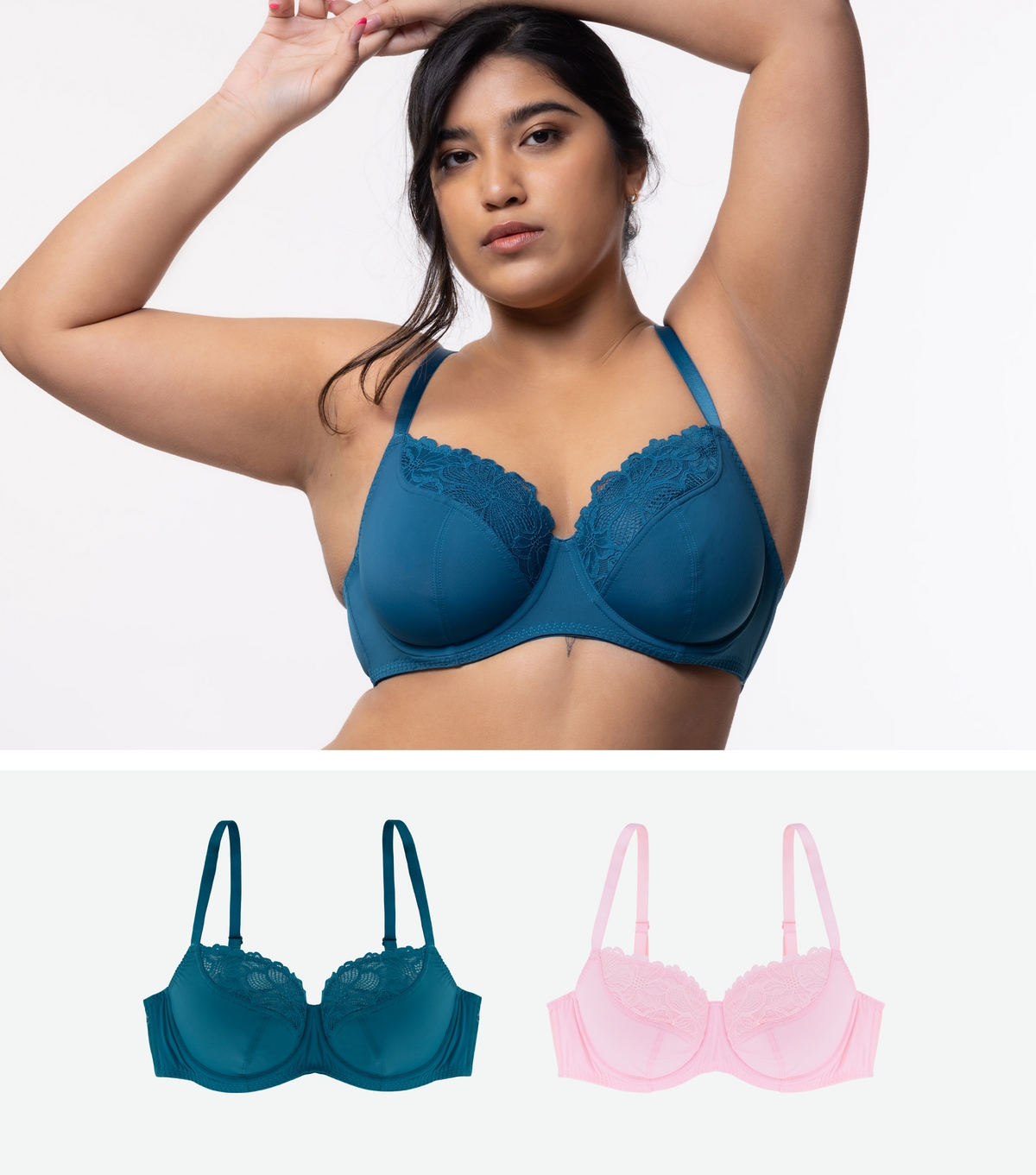 Women's Curve 2 Pack Teal and Pink Lace Trim Bras Dorina New Look