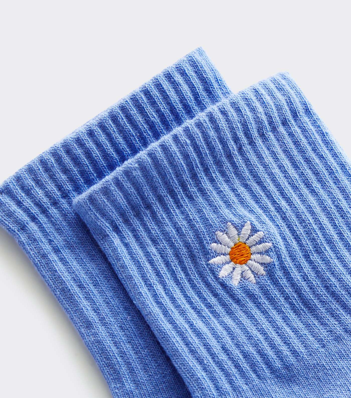 Blue Embroidered Daisy Ribbed Tube Socks Image 2