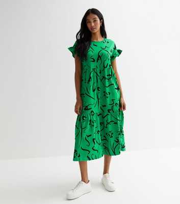 Green Abstract Short Frill Sleeve Midi Smock Dress