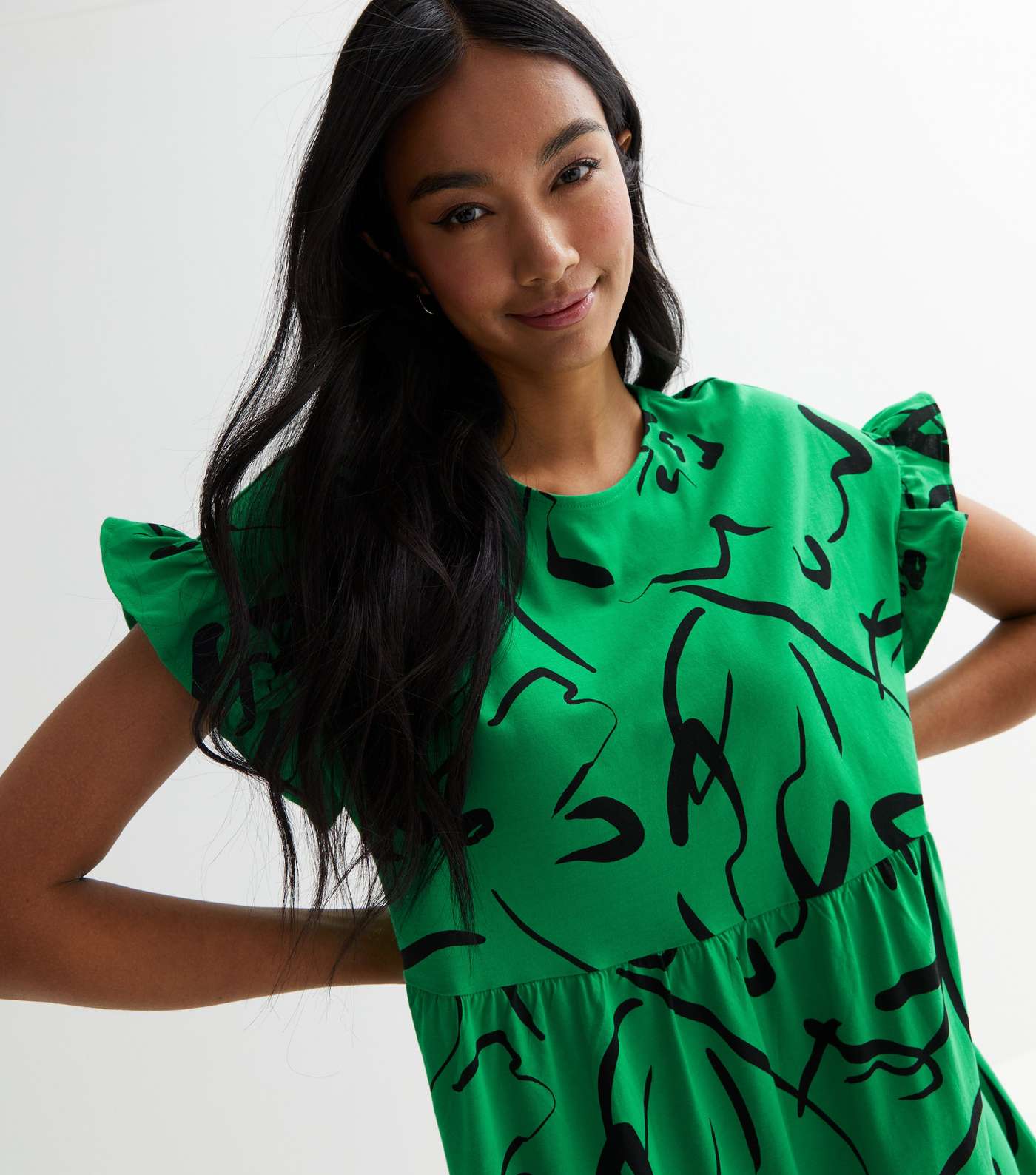 Green Abstract Short Frill Sleeve Midi Smock Dress Image 3