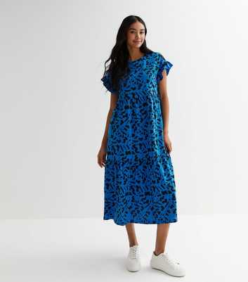 Blue Abstract Frill Sleeve Midi Smock Dress