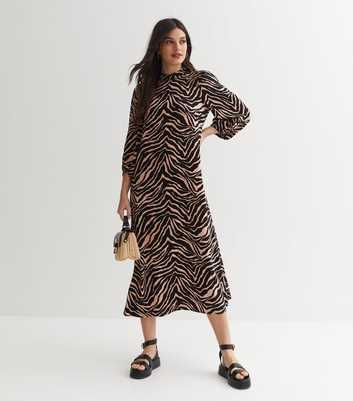 Brown Zebra Print High Neck Midi Dress