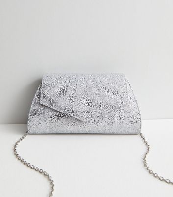 Silver Glitter Chain Strap Clutch Bag