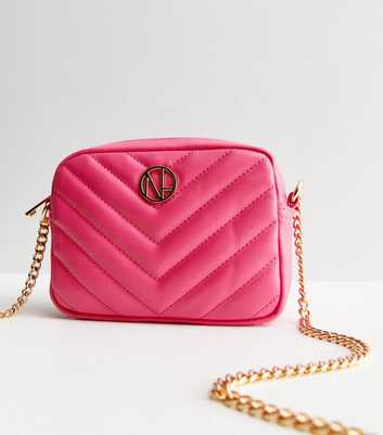 Pink Leather-Look Quilted Chain Cross Body Bag