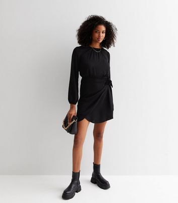 Black Long Puff Sleeve Mini Wrap Dress New Look
