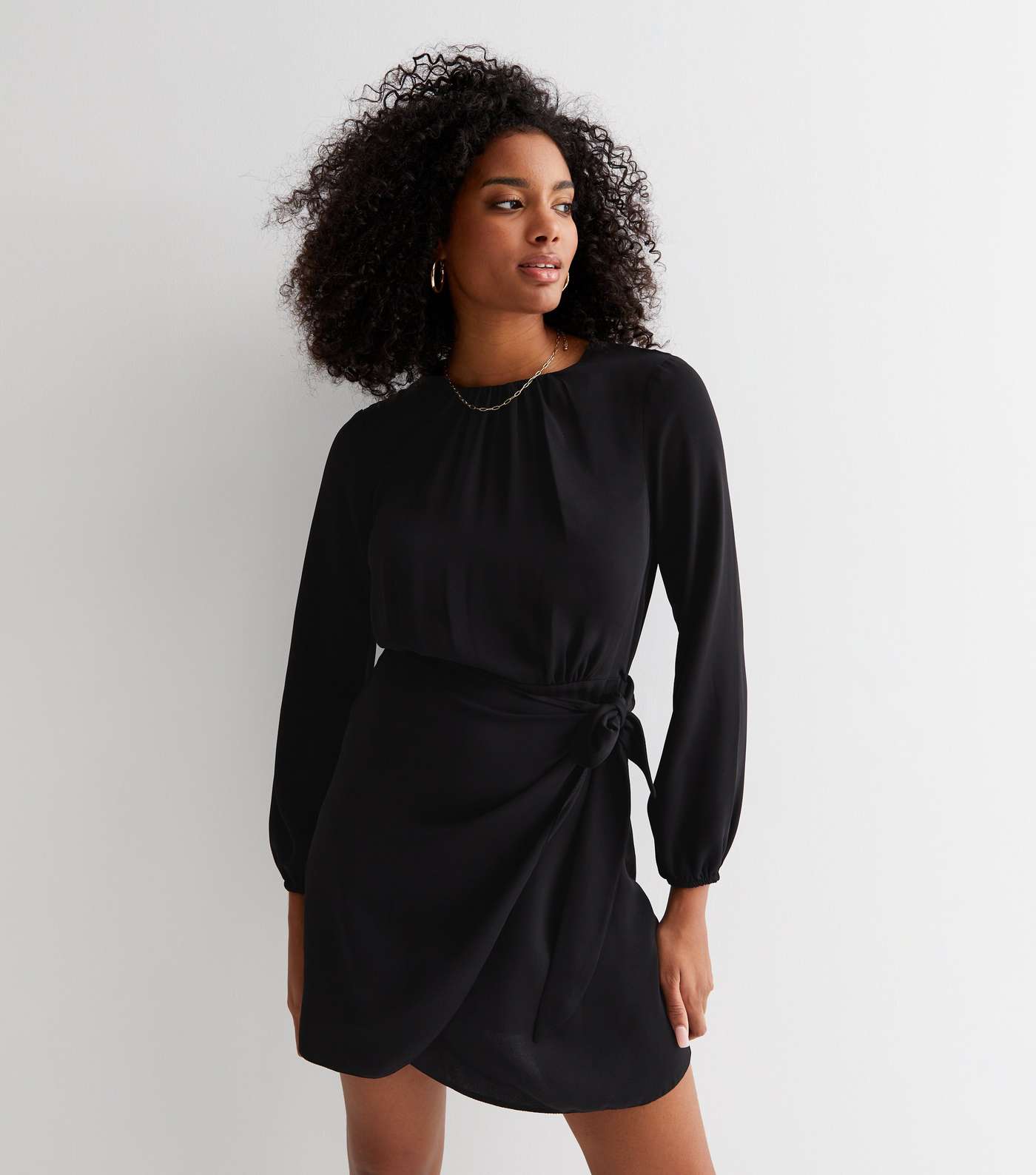 Black Long Puff Sleeve Mini Wrap Dress Image 2