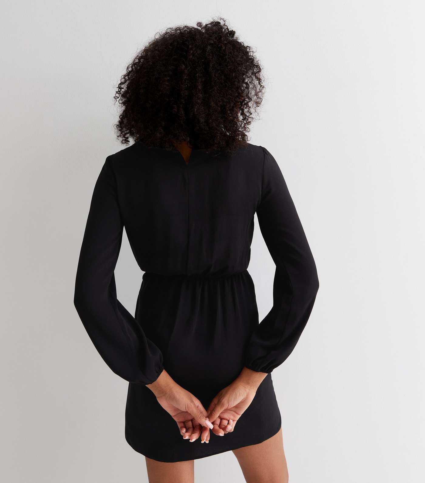 Black Long Puff Sleeve Mini Wrap Dress Image 4