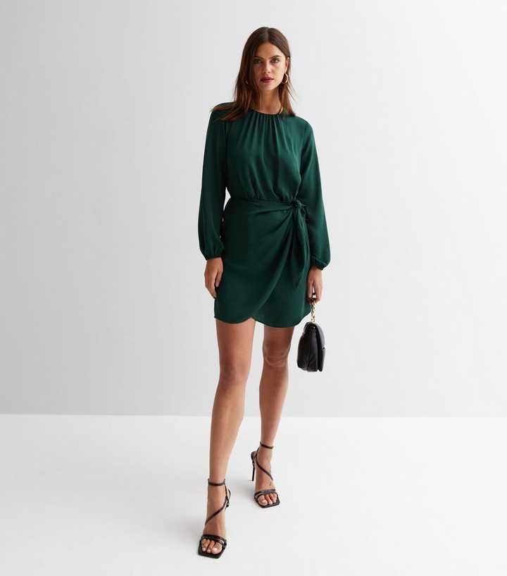 Cameo Rose Dark Green Satin Long Puff Sleeve Midi Wrap Dress