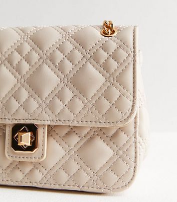 Cream Leather-Look Quilted Chain Strap Cross Body Bag | New Look