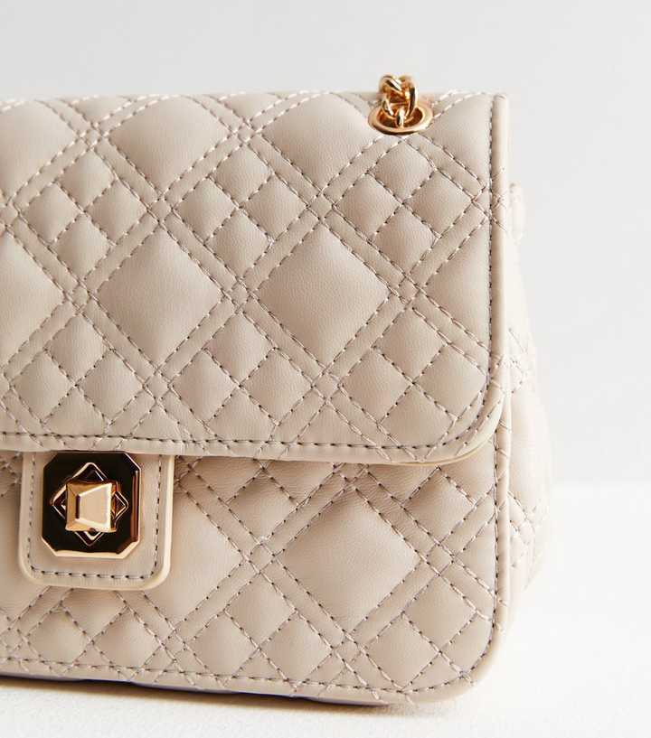 Cream Leather-Look Quilted Chain Strap Cross Body Bag