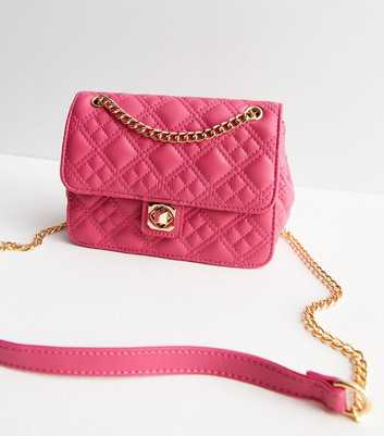 Bright Pink Leather-Look Quilted Chain Strap Cross Body Bag