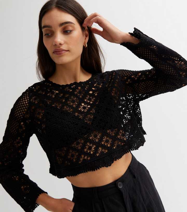 Black Crochet Long Sleeve Crop Top