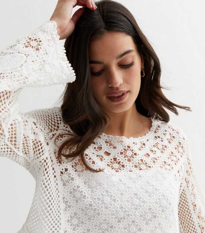 White Crochet Long Sleeve Crop Top
